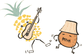 coconut dances with a lampshade hat, while pineapple plays the ukelele